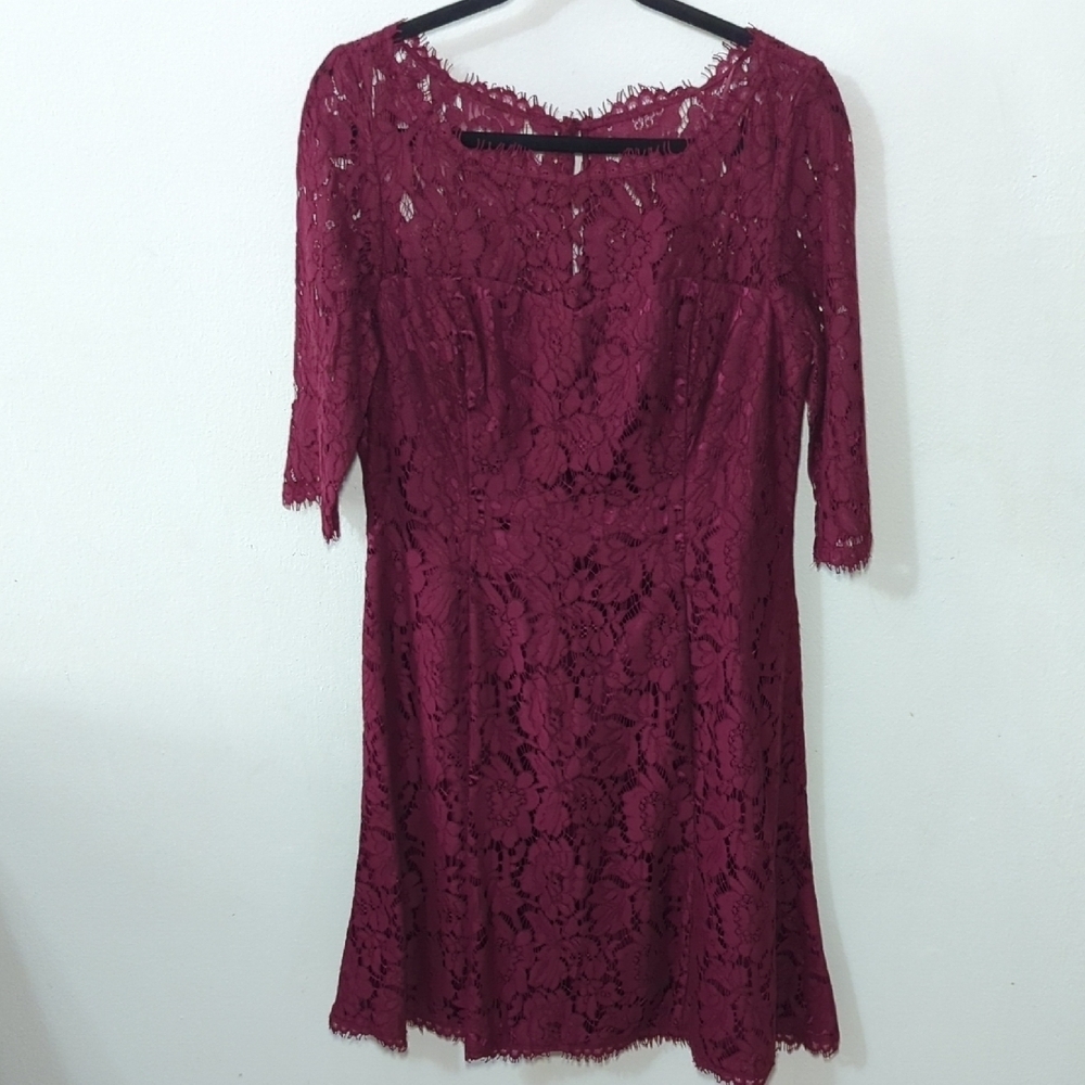 Eliza J Burgundy Lace Knee-Length Dress w/ Elbow-Length Sleeves Women's Size 10